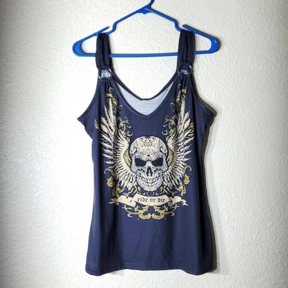 Custom Designs Ladies Large Dark Grey Digital Print Skull Design Tank Top